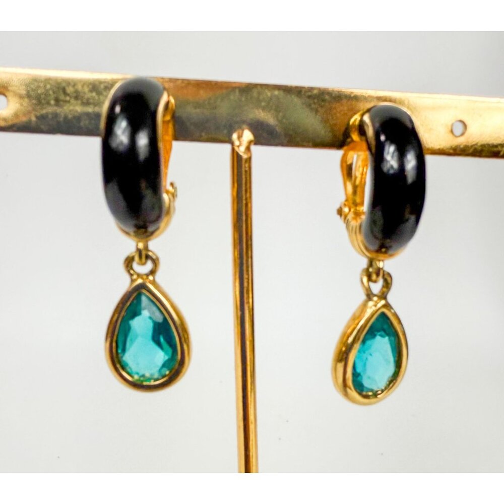 Swarovski Gold Tone Black Enamel Teal Teardrop Crystal Clip on Earrings